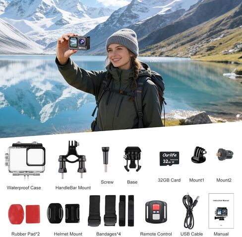 Ourlife 6K/30fps Action Camera Stunning Low-Light Imaging | Dual Screen Touch with 9:16 Vertical,170°Wide FOV,30M Waterproof Underwater Camera for Snorkeling EIS Remote Control(32GB) in Kuwait