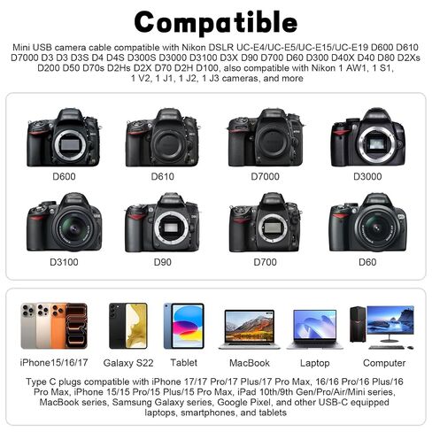 UC-E4 USB Cable Compatible with Nikon D40 D40X D50 D60 D70 D70S D80 D90 D100 D200 D300 D300S D610 D700 D3000 D3100 D7000 D1H D2X D2H D2HS D3 D3S D4 Camera, for iPhone 15/16/17, Laptop, Tablet (3.3ft) in Kuwait
