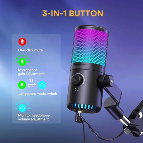Gaming Microphone with Type C Adapter for Phone PC Breath Light Zero Latency for Podcasting Streaming in Kuwait