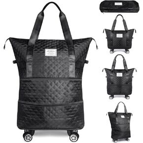 Rolling Duffle Bag with Wheels and Handle, Expandable Luggage Bag for Travel Duffel Bag, Foldable Travel Bag with Wheels Rolling Carry on Duffle Bag, Large Wheeled Duffle Bag Luggage, Black