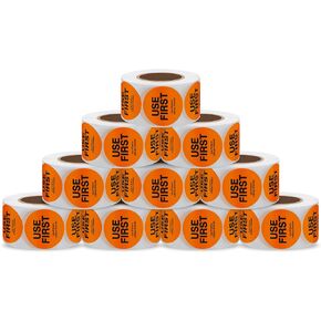 1.5 Inch USE First Stickers Food Service Inventory Control Labels Trilingual Product Labels Fluorescence Pink - 500 Stickers Per Roll (10 Rolls)