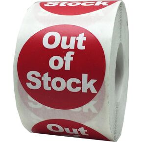 Red with White Out of Stock Stickers, 1.5 Inches Round, 500 Labels on a Roll