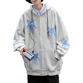 CEINOM Men's Star Patch Zip Up Hoodie for Men Women Graphic Hoodies Oversized Y2k Sweatshirt Jacket E-Girl 90s Streetwear