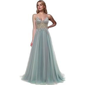 Beaded Prom Dresses 2024 Long Sexy V Neck Tulle Beads Crystal Women's Evening Party Dress with Slit