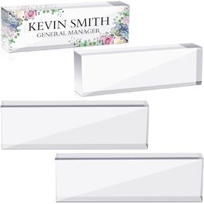 4 Pcs Office Acrylic Name Plate Personalized Blank Custom Nameplate Clear Acrylic Glass Block for Desk School Teachers Employees, 8 x 2.5 Inches