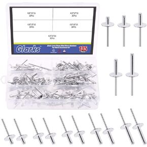Glarks 60Pcs 3/16" x 3/4" Large Flange Aluminum Blind Rivets Pop Rivets Set for Joining Metal Plate Pipe Automotive