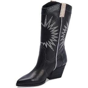 MUCCCUTE Women's Cowboy Embroidered Western Mid Calf Boots, Pointed Toe Medium Chunky Heel 5cm Stitching Pull-on Cowgirl Boots