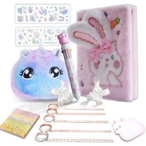 DIY Journal Kit,Pink Diary Set with Unicorn Bag Toy, Multicolored Pen,Post-it Note, Stickers,Journal Supplies Art Crafts Set&Practical Birthday Gift for Ages 4-12 Teen Girls