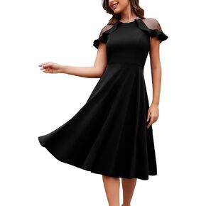 MUADRESS Women Mesh Ruffle Short Sleeve Crewneck Wedding Guest Formal Dress Knee Length A Line Party Midi Dress with Pockets