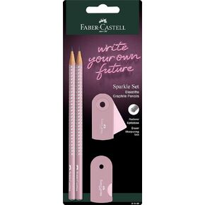 Faber-Castell Sparkle 218480 Pencil Set Two Pencils Lead B with Eraser and Sharpener Rose/Apple Grey