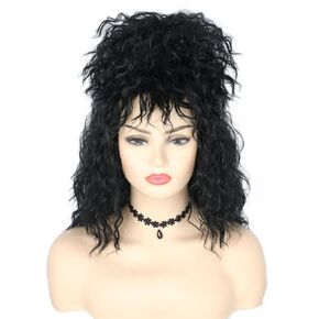 Black Culry Wig and Bun Pre-styled Beetle Lydia Wig with Necklace Halloween Costume Party Wigs