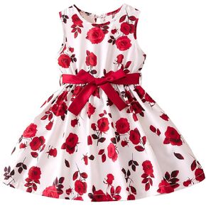 VKOMEO Toddler Little Girls Flower Print Dress Sleeveless with Bowknot Tie Straps Casual Sundress Birthday Party Outfit