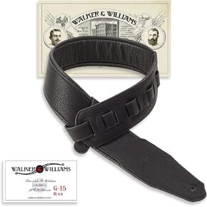 Walker & Williams G-15 Black Leather Natural Texture Guitar Strap with Thick Padding For Acoustic, Electric, And Bass Guitars