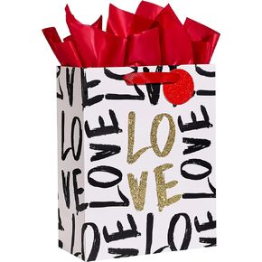 SUNCOLOR 13" Large Gift Bag with tissue paper for Valentines Day/Birthday/Mother's day/Father's day and more (LOVE)