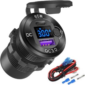 12V USB Outlet Aluminum Car Charger PD65W Car USB Port for Laptops, Quick Charge 3.0 USB Port for Car, Built-in Boost 15V 20V Output Socket Waterproof with Voltmeter and Switch for RV Marine Boat, etc
