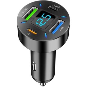 66W Car Charger Cigarette Lighter USB Charger, 4-Port Car Charger, 2 * USB 2.4 +PD+Type C Cigarette Lighter AdapterVoltmeter Compatible with Samsung/iPhone and Other Android and iOS Devices