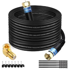 Coaxial Cable 50ft Quad Shielded Digital RG6 Antenna Cable RG6 Coax Cord with Angled Male to Female Adapter+25 Cable Ties+25 Cable Clips