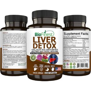 BioFinest Liver Detox Supplement - 22 Nutrients Milk Thistle Artichoke Celery Seed Chanca Piedra Beet Root Dandelion Turmeric Ginger - Alcohol Cleanse Energy Digestion Metabolism (120 Veg. Capsules)
