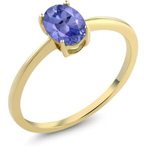 Gem Stone King 10K Yellow Gold Blue Tanzanite Solitaire Engagement Ring | 0.75 Cttw | Oval 7X5MM | Wedding Engagement Anniversary Promise Gold Ring For Women | Size 5-10