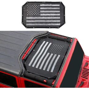 Mesh Sunshade Top Sun Shade Cover Provides UV Sun Protection for 2007-2018 Jeep Wrangler JK JKU 2/4-Door, Durable Polyester (Black and White American Flag)