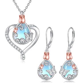 AOBOCO Moonstone Butterfly Earrings & Necklace Sterling Silver Rose Filigree Pendant Moonstone Jewelry Gifts for Women Girls