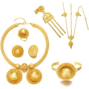 Sajayea Ethiopian Jewelry for women Set New Designs 24K Gold Plated Pendant Earrings Hairpin Headchain Ring Habesha Wedding Gifts