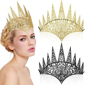 Hicarer 2 Pieces Royal Die Cut Queen Crown Halloween Glitter Evil Queen Crown Costume Witch Crown Cosplay Hair Accessories Decorations for Halloween Cosplay Party Theme Costumes Supplies, Black, Gold