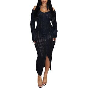 Tcremisa Women's Elegant Off Shoulder Dress Sexy Long Sleeve Button Down Ruffle Mesh Bodycon Long Dresses