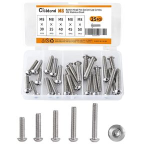 Cicidorai M8 x 30mm 35mm 40mm 45mm 50mm Socket Head Cap Screws Bolts, Stainless Steel 304, Machine Metric Screw, Metric Allen Hex Drive, Fully Threaded, Bright Finish, Assortment Kit 25Pcs