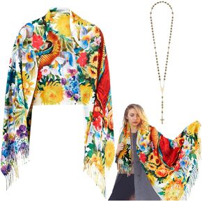 Jecery 2 Pcs Virgin Mary Long Scarf and Virgin Mary Bead Cross Necklace Virgen De Guadalup Blanket Scarf Shawls for Women