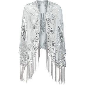 Women's 1920s Scarf Wraps Mesh Sequin Deco Fringed Wedding Cape Evening Shawl Vintage Prom