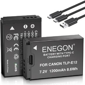 ENEGON LP-E12 USB C Direct Charging Replacement Batteries 1200mAh (2-Pack) with 2 in 1 USB-C Charging Cable for Canon Rebel SL1, PowerShot SX70 HS, EOS M, EOS M10, EOS M50, EOS M100, EOS M200 Cameras