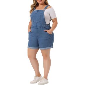 Agnes Orinda Plus Size Overall Shorts for Women Jumpsuit Roll Hem Pocket Jean Denim Overalls