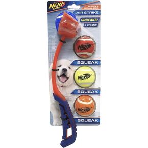 Nerf Dog 5-Piece Dog Toy Gift Set, Includes 13in Air Strike Launcher and 2in Squeak Tennis Ball 4-Pack, Nerf Tough Material, Multicolored