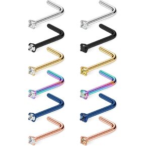 Ruifan 12PCS 20G Mix Color Stainless Steel Diamond CZ Nose Studs Rings L Shaped Piercing Jewelry 1.5mm 2mm 2.5mm 3mm