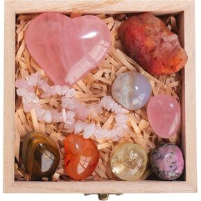 Runyangshi 9PCS Healing Crystals Set with Wooden Box - Green Fluorite/Aquatic Agate/Clear Quartz/Aventurine/Amazonite/Raw Prehnite/Raw Malachite Stone for Smelting & Healing Reiki Energy Gift