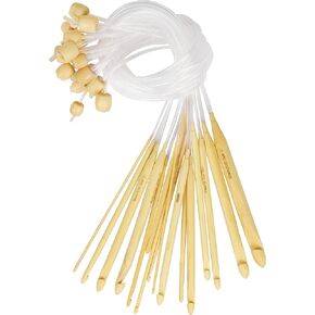 Curtzy Bamboo Wood Crochet Hooks with Plastic Cable (16 Pairs) - 2-12mm Sizes - Tunisian Hook Needles Set with Bead Ends - for Knitting Yarn, Weave Craft and Crocheting Projects