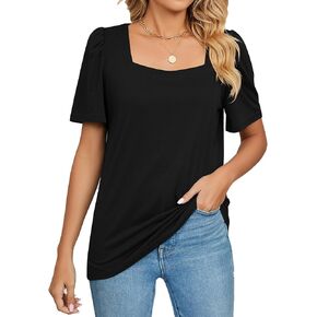 Womens Tops Short Sleeves Square Neck Tshirts Summer Casual Blouses Tees