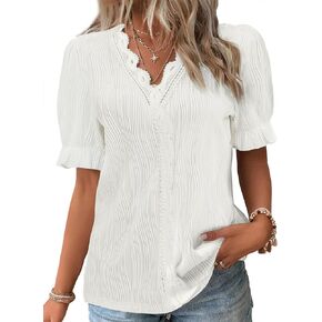 JUSTFASHIONNOW Women's Elegant Lace V Neck Short Sleeve Solid Tops Shirt Blouse