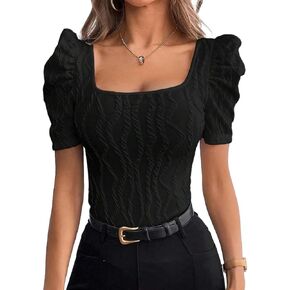 Narecte Womens T Shirts,Square Neck Top,Summer Tops,Blouses for Women Dressy Casual,Puff Sleeve Tops,Women Tee Shirts