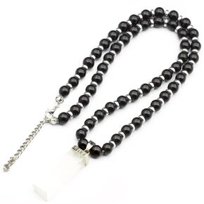 ElisaJewelryArt - Natural Blue Agate Pendant Natural Black Onyx Beaded Necklace Genuine Gemstone Serenity Stone Clasp Closure Hematite Necklace Unisex Necklace (22, Blue Agate)