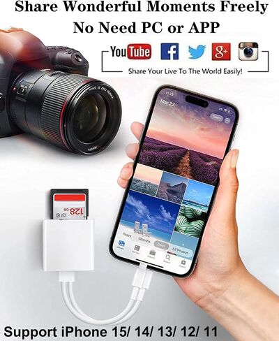 قارئ بطاقات Apple USB-C وLightning إلى SD وTF لهواتف iPhone 15/14/ 13/12/ 11/ XS/XR/X/8 7 6 5، وMacBook Pro M1 Air، وiPad Pro/Air، وiMac، وGalaxy S23/ S22 (أبيض-1) in Kuwait