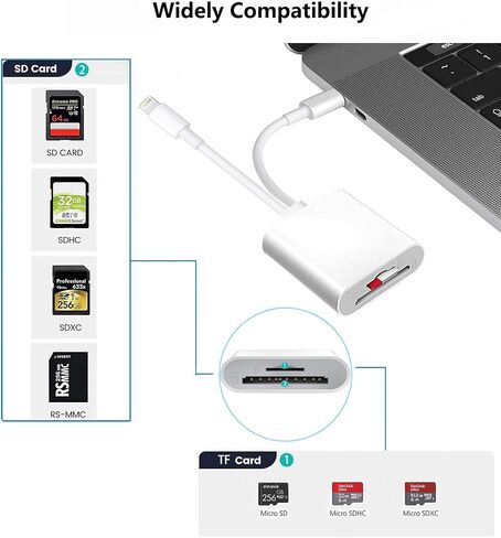 قارئ بطاقات Apple USB-C وLightning إلى SD وTF لهواتف iPhone 15/14/ 13/12/ 11/ XS/XR/X/8 7 6 5، وMacBook Pro M1 Air، وiPad Pro/Air، وiMac، وGalaxy S23/ S22 (أبيض-1) in Kuwait