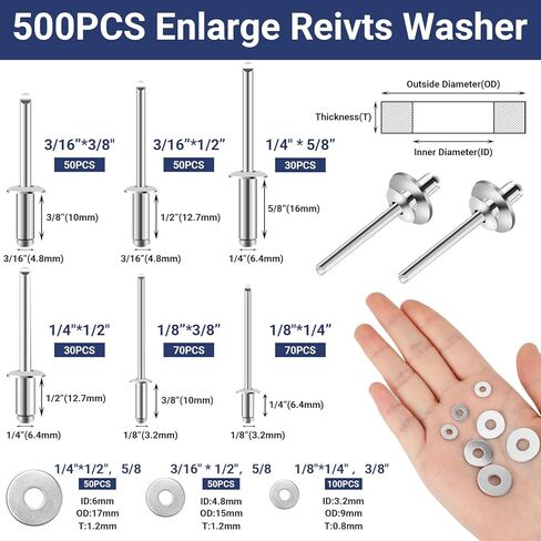 NOVWANG 500 قطعة من المسامير الألومنيوم مع مجموعة متنوعة من الغسالات الاحتياطية، مجموعة مسامير عمياء بحجم 6 قيم مع علبة تحمل علامة (1/8 بوصة × 1/4 بوصة، 3/8 بوصة، 3/16 بوصة × 1/2 بوصة، 5/ 8 "؛ 1/4 بوصة × 1/2 بوصة، 5/8 بوصة) in Kuwait