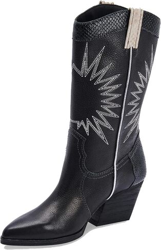 MUCCCUTE Women's Cowboy Embroidered Western Mid Calf Boots, Pointed Toe Medium Chunky Heel 5cm Stitching Pull-on Cowgirl Boots in Saudi Arabia