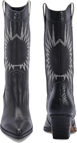 MUCCCUTE Women's Cowboy Embroidered Western Mid Calf Boots, Pointed Toe Medium Chunky Heel 5cm Stitching Pull-on Cowgirl Boots in Saudi Arabia