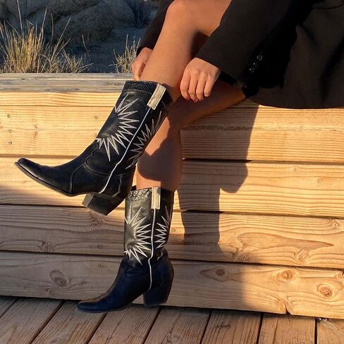 MUCCCUTE Women's Cowboy Embroidered Western Mid Calf Boots, Pointed Toe Medium Chunky Heel 5cm Stitching Pull-on Cowgirl Boots in Saudi Arabia