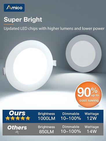 Amico 20 حزمة 6 بوصة 5CCT رفيعة للغاية LED مصباح سقف مجوف مع صندوق وصلات، 2700K/3000K/4000K/5000K/6000K قابلة للاختيار، 12W Eqv 110W، إضاءة سفلية قابلة للتعتيم، سطوع عالٍ 1000LM in Kuwait