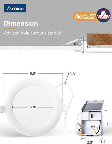 Amico 20 حزمة 6 بوصة 5CCT رفيعة للغاية LED مصباح سقف مجوف مع صندوق وصلات، 2700K/3000K/4000K/5000K/6000K قابلة للاختيار، 12W Eqv 110W، إضاءة سفلية قابلة للتعتيم، سطوع عالٍ 1000LM in Kuwait
