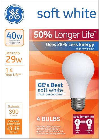 GE Lighting White 70287 Soft Long Life 29 (40-watt Replacement), 390-Lumen A19 Light Bulb with Medium Base, 4-pack, 4 Count (Pack of 1) in Saudi Arabia